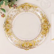 6 Plastic 13" Dinner Charger Plates with Florentine Style Embossed Rim - Clear and Gold CHRG_PLST0029_CLGD