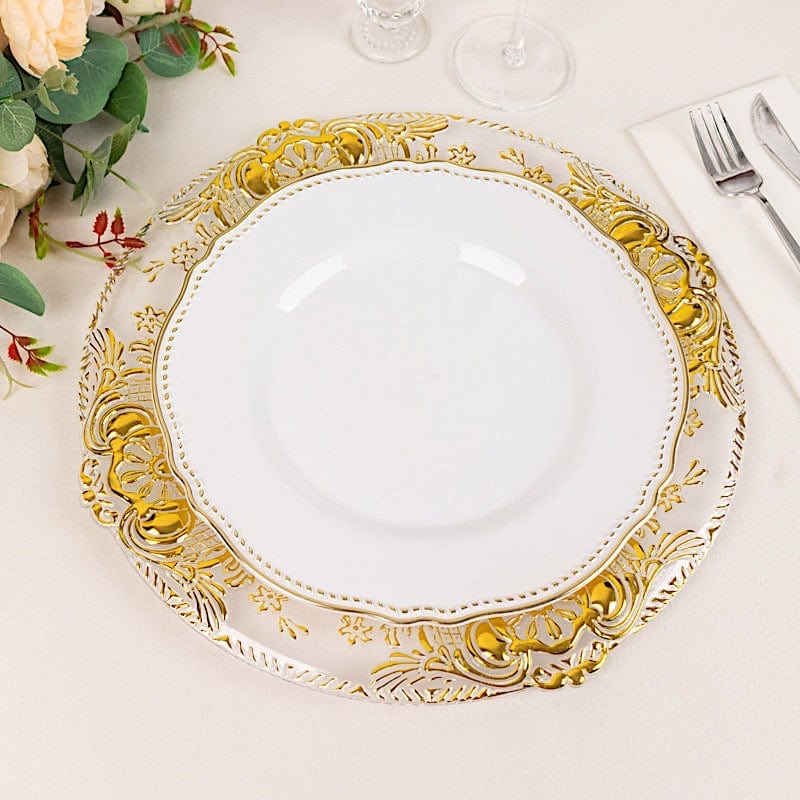 6 Plastic 13" Dinner Charger Plates with Florentine Style Embossed Rim - Clear and Gold CHRG_PLST0029_CLGD