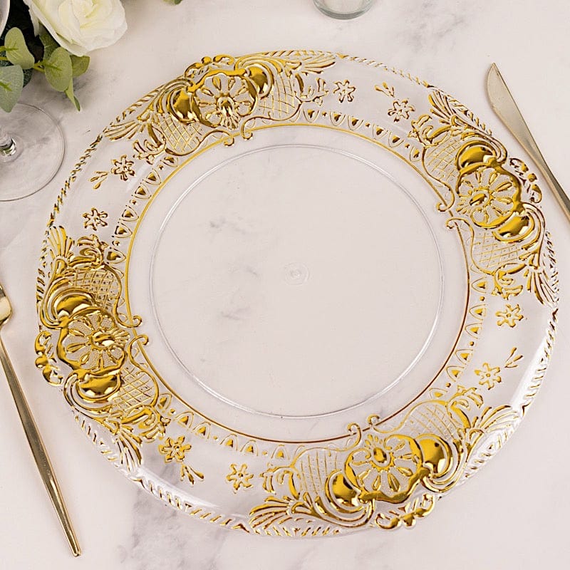 6 Plastic 13" Dinner Charger Plates with Florentine Style Embossed Rim - Clear and Gold CHRG_PLST0029_CLGD
