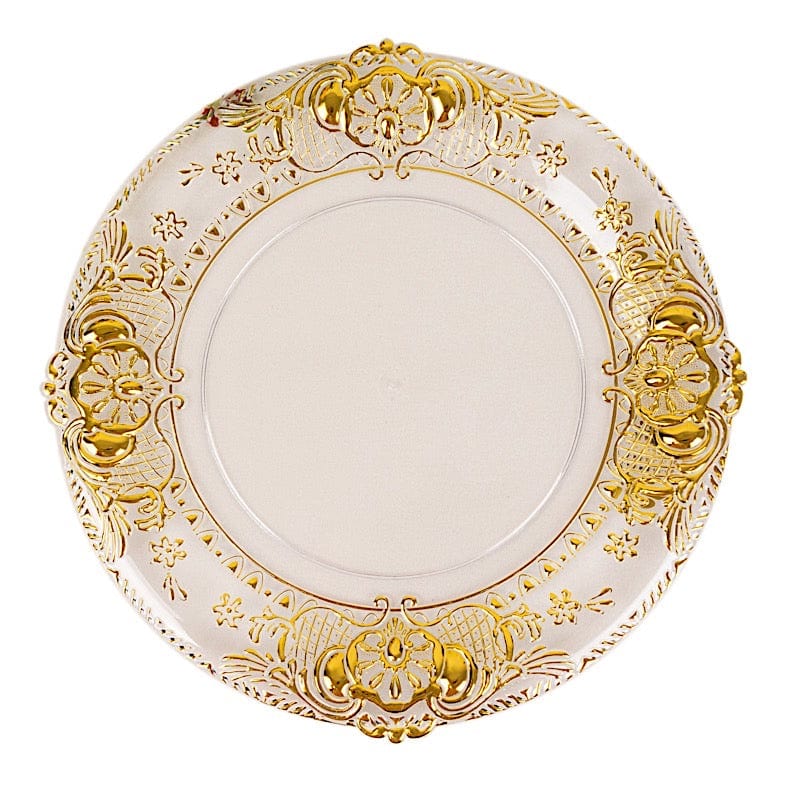 6 Plastic 13" Dinner Charger Plates with Florentine Style Embossed Rim - Clear and Gold CHRG_PLST0029_CLGD