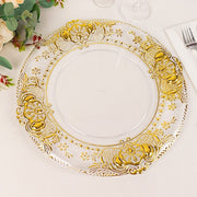 6 Plastic 13" Dinner Charger Plates with Florentine Style Embossed Rim - Clear and Gold CHRG_PLST0029_CLGD