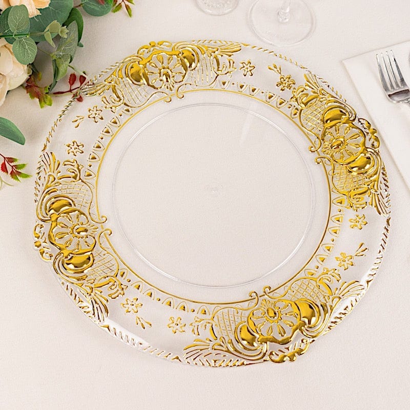 6 Plastic 13" Dinner Charger Plates with Florentine Style Embossed Rim - Clear and Gold CHRG_PLST0029_CLGD