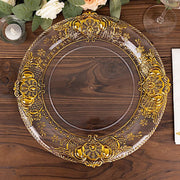 6 Plastic 13" Dinner Charger Plates with Florentine Style Embossed Rim - Clear and Gold CHRG_PLST0029_CLGD
