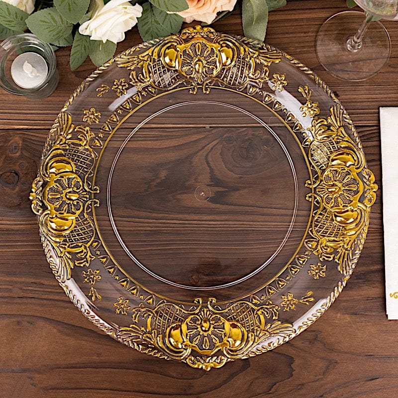 6 Plastic 13" Dinner Charger Plates with Florentine Style Embossed Rim - Clear and Gold CHRG_PLST0029_CLGD