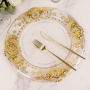 6 Plastic 13" Dinner Charger Plates with Florentine Style Embossed Rim - Clear and Gold CHRG_PLST0029_CLGD