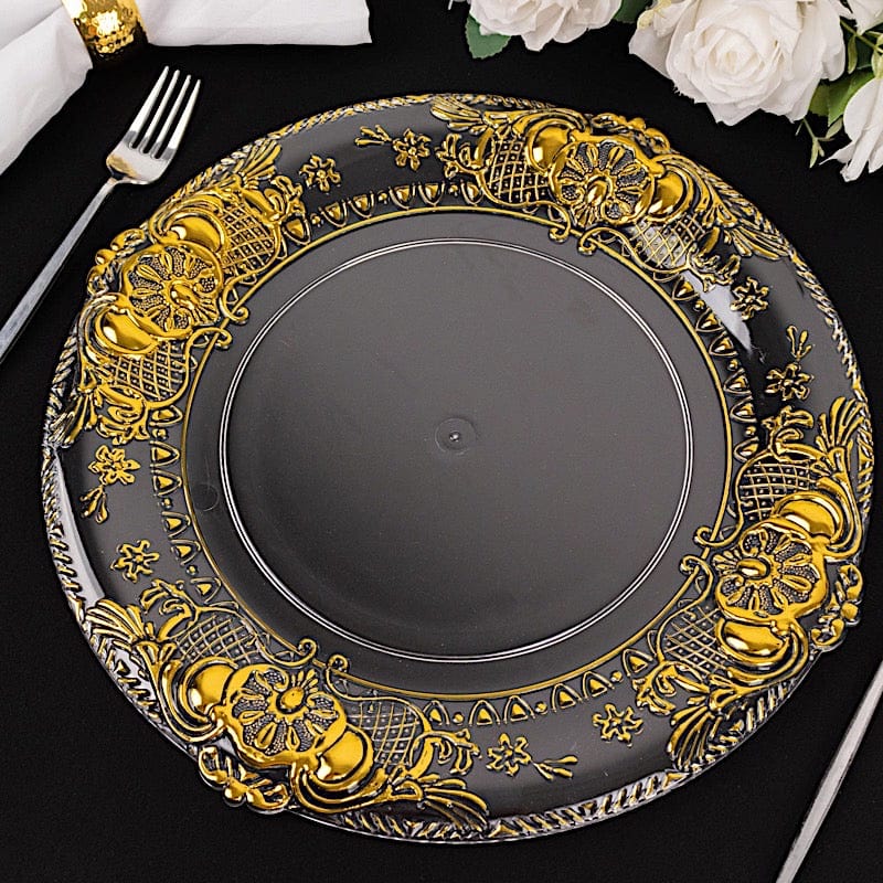 6 Plastic 13" Dinner Charger Plates with Florentine Style Embossed Rim - Clear and Gold CHRG_PLST0029_CLGD