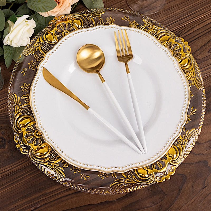 6 Plastic 13" Dinner Charger Plates with Florentine Style Embossed Rim - Clear and Gold CHRG_PLST0029_CLGD