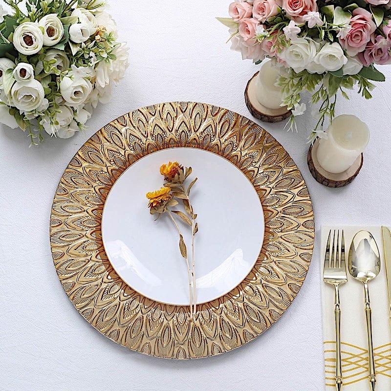 6 Plastic 13" Round Charger Plates with Embossed Peacock Pattern