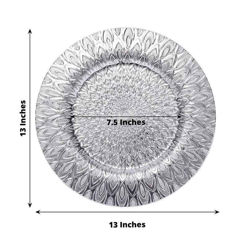 6 Plastic 13" Round Charger Plates with Embossed Peacock Pattern
