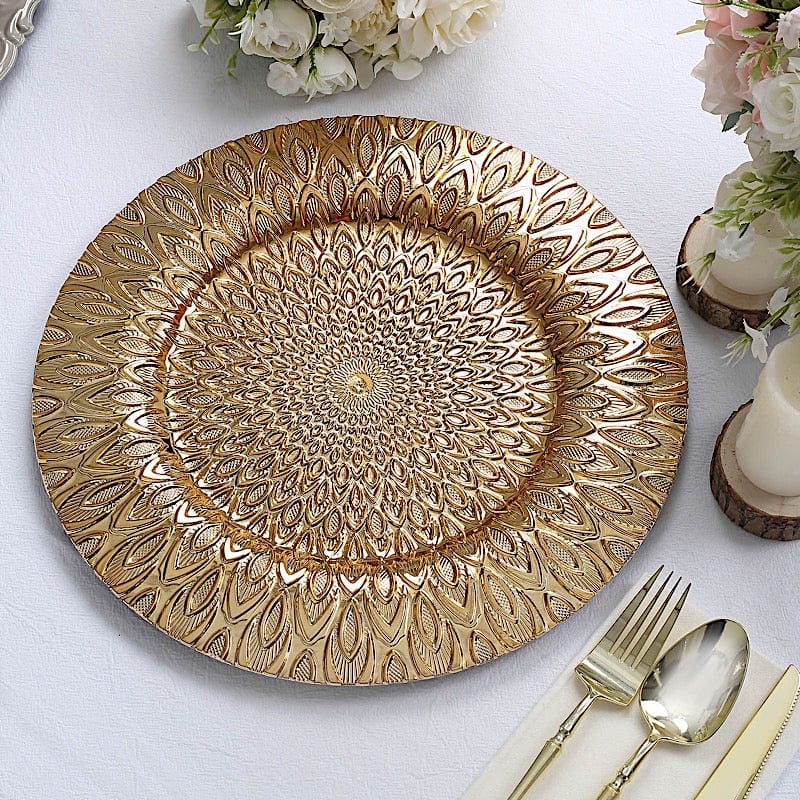 6 Plastic 13" Round Charger Plates with Embossed Peacock Pattern