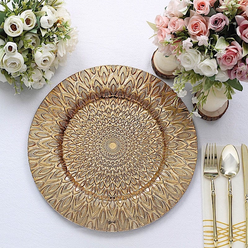 6 Plastic 13" Round Charger Plates with Embossed Peacock Pattern