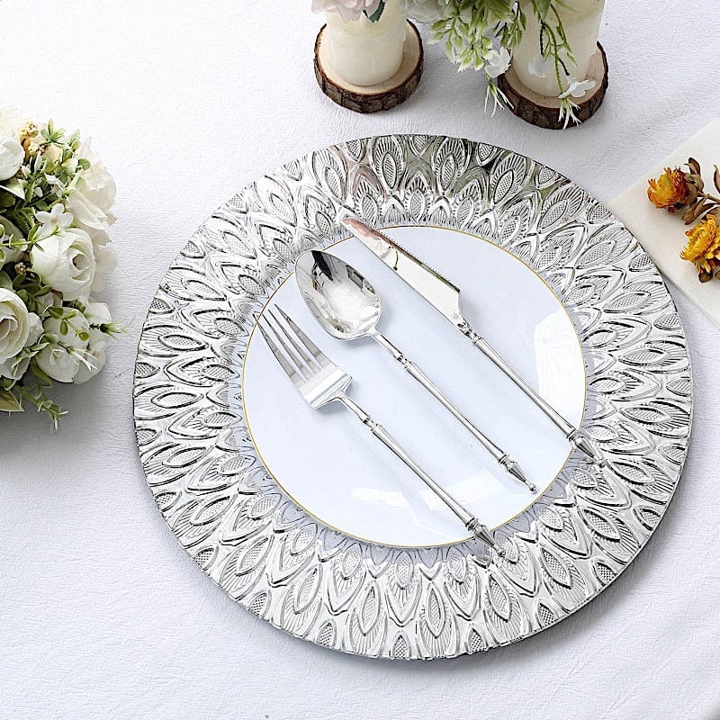 6 Plastic 13" Round Charger Plates with Embossed Peacock Pattern