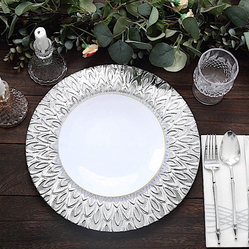 6 Plastic 13" Round Charger Plates with Embossed Peacock Pattern