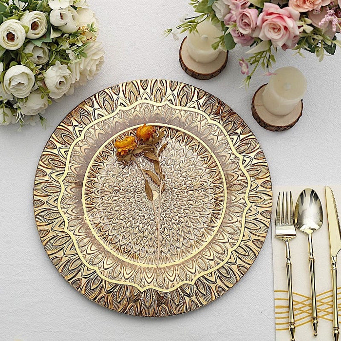 6 Plastic 13" Round Charger Plates with Embossed Peacock Pattern