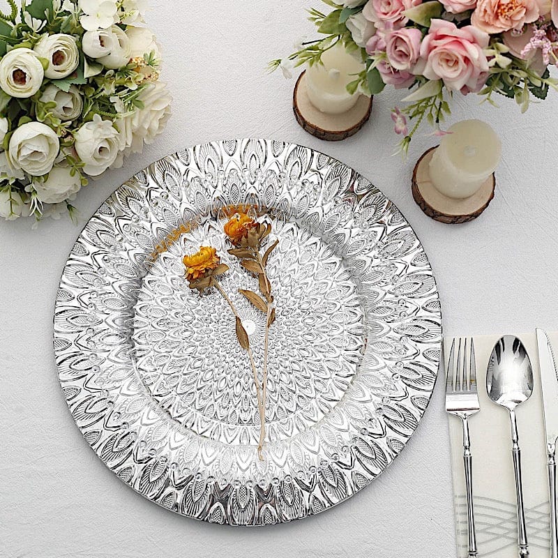 6 Plastic 13" Round Charger Plates with Embossed Peacock Pattern