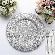 6 Plastic 13" Round Charger Plates with Embossed Peacock Pattern
