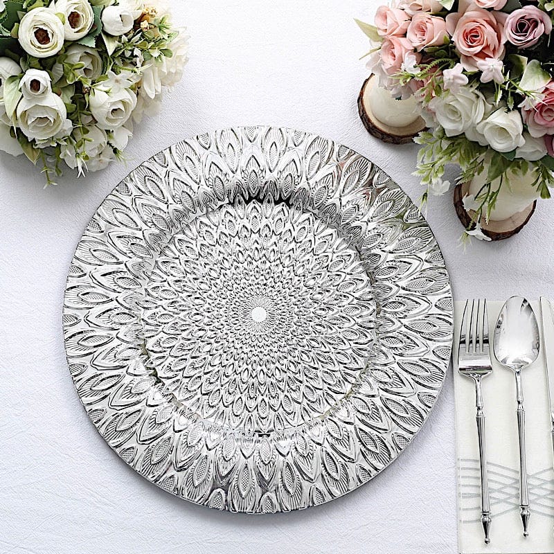6 Plastic 13" Round Charger Plates with Embossed Peacock Pattern