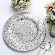 6 Plastic 13" Round Charger Plates with Embossed Peacock Pattern