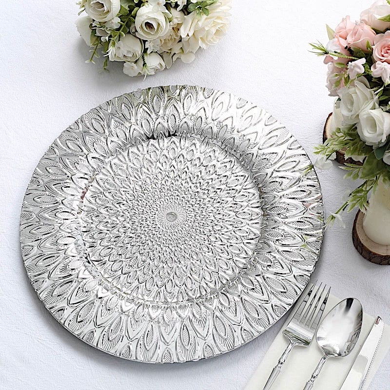 6 Plastic 13" Round Charger Plates with Embossed Peacock Pattern