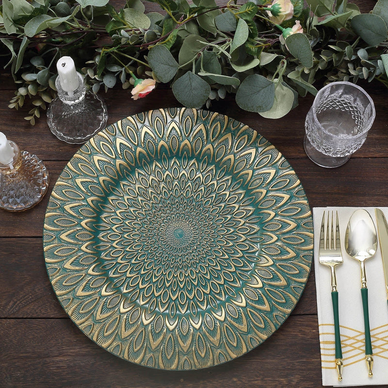 6 Plastic 13" Round Charger Plates with Embossed Peacock Pattern