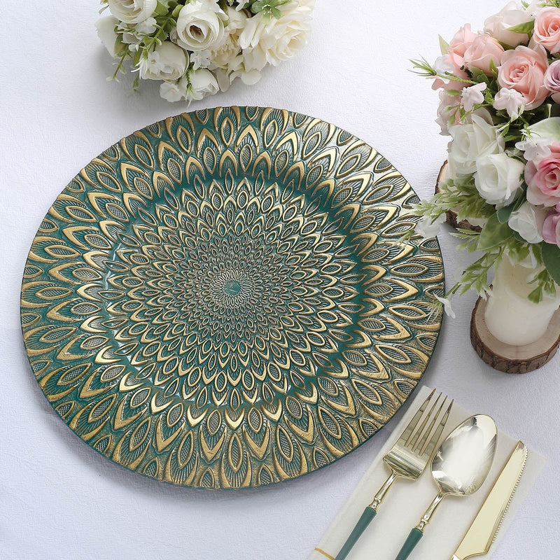 6 Plastic 13" Round Charger Plates with Embossed Peacock Pattern
