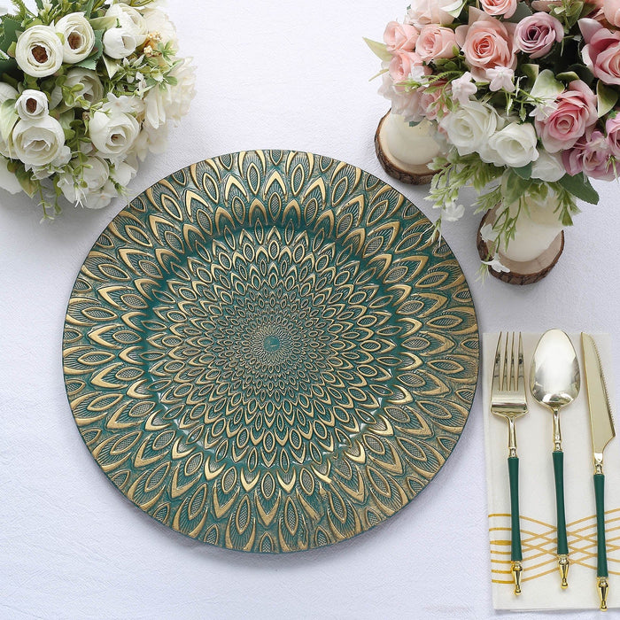 6 Plastic 13" Round Charger Plates with Embossed Peacock Pattern