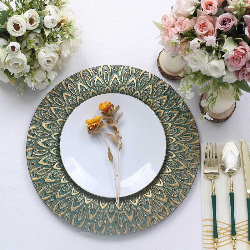 6 Plastic 13" Round Charger Plates with Embossed Peacock Pattern