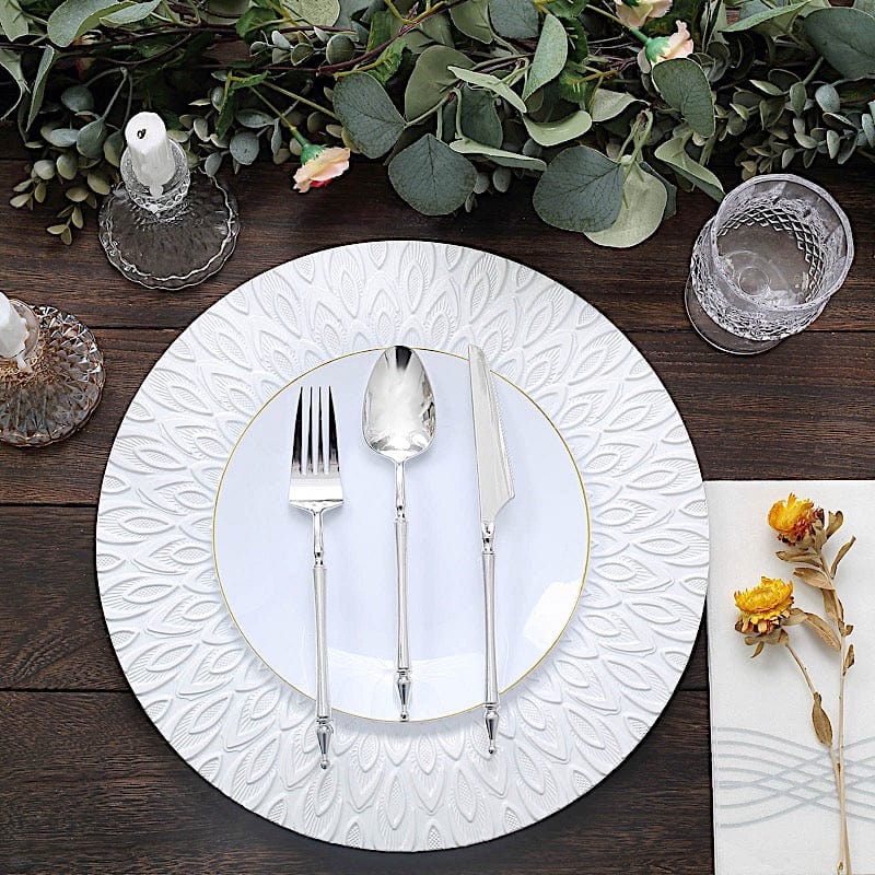 6 Plastic 13" Round Charger Plates with Embossed Peacock Pattern