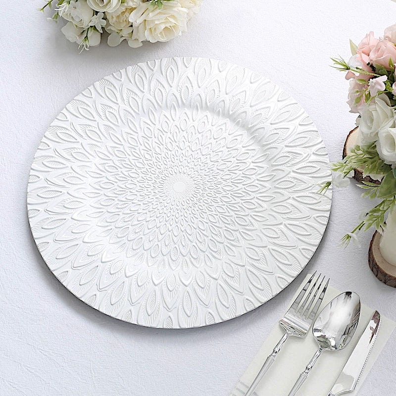 6 Plastic 13" Round Charger Plates with Embossed Peacock Pattern