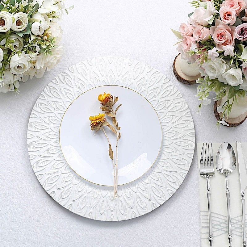 6 Plastic 13" Round Charger Plates with Embossed Peacock Pattern