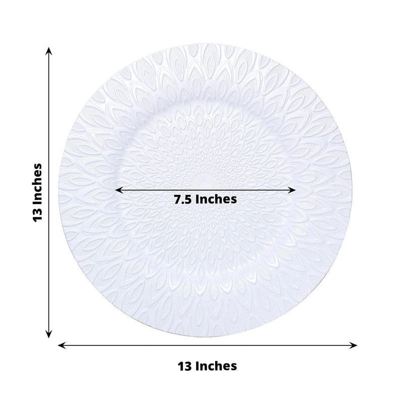 6 Plastic 13" Round Charger Plates with Embossed Peacock Pattern