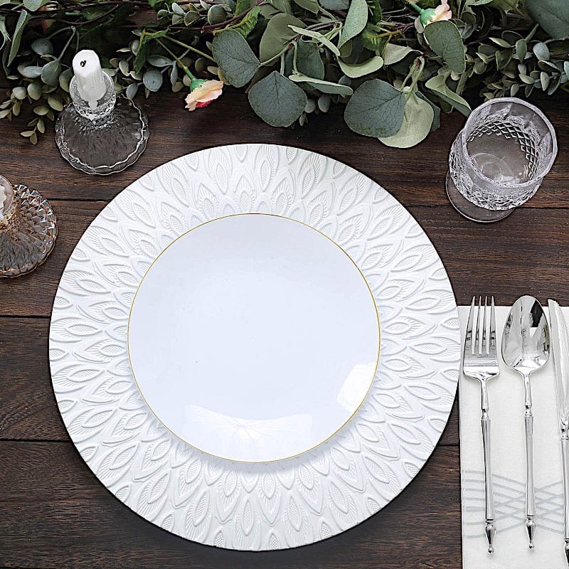 6 Plastic 13" Round Charger Plates with Embossed Peacock Pattern