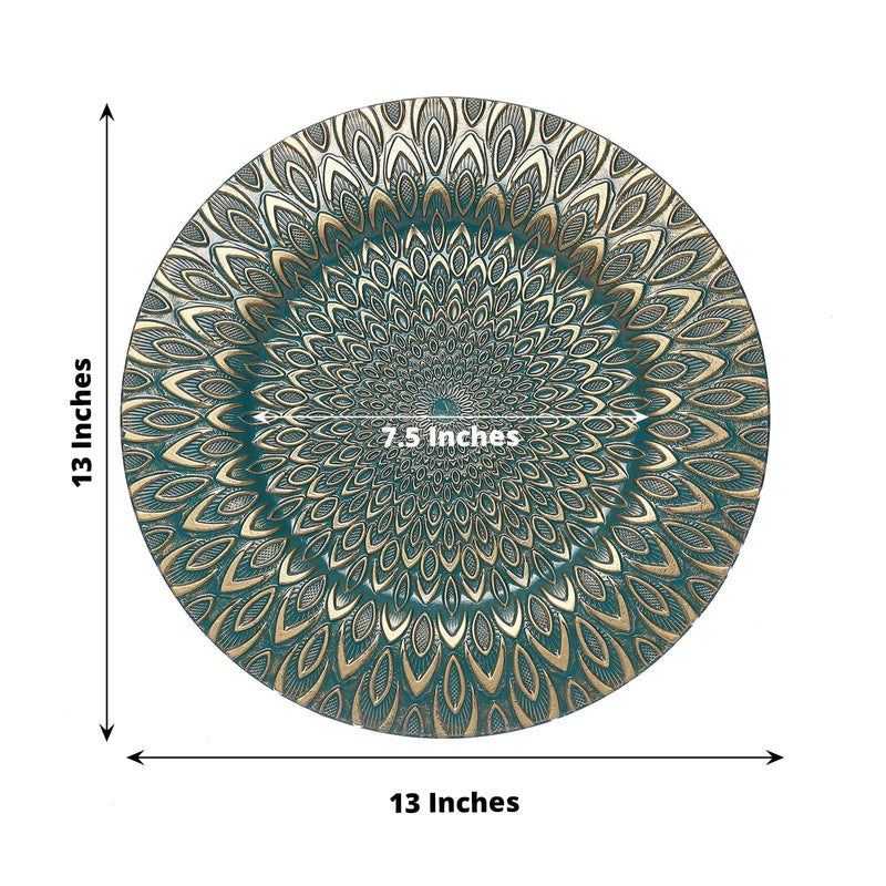 6 Plastic 13" Round Charger Plates with Embossed Peacock Pattern