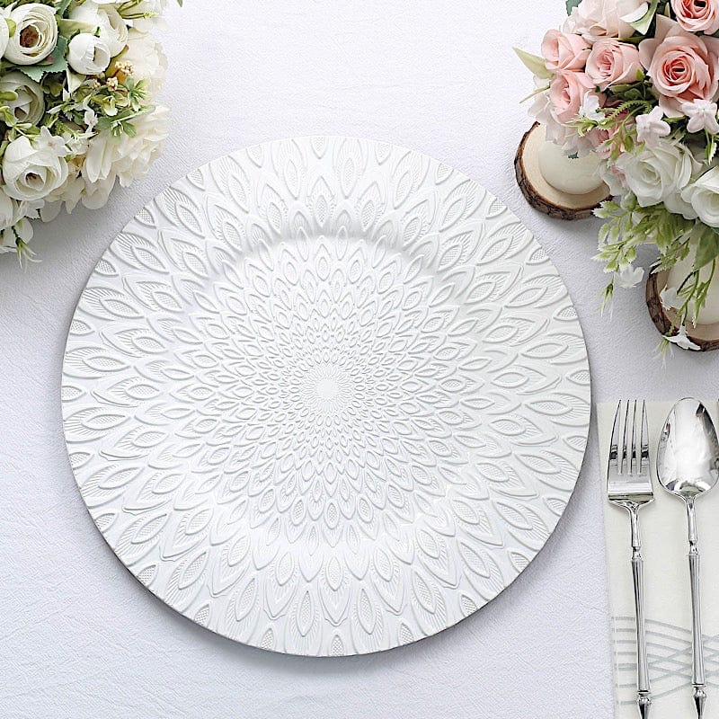 6 Plastic 13" Round Charger Plates with Embossed Peacock Pattern