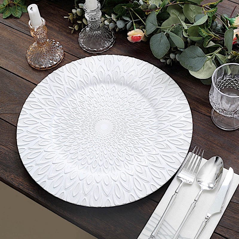 6 Plastic 13" Round Charger Plates with Embossed Peacock Pattern