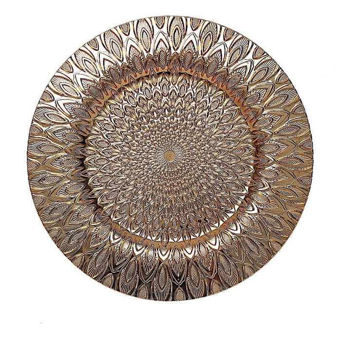 6 Plastic 13" Round Charger Plates with Embossed Peacock Pattern CHRG_PLST0018_GOLD