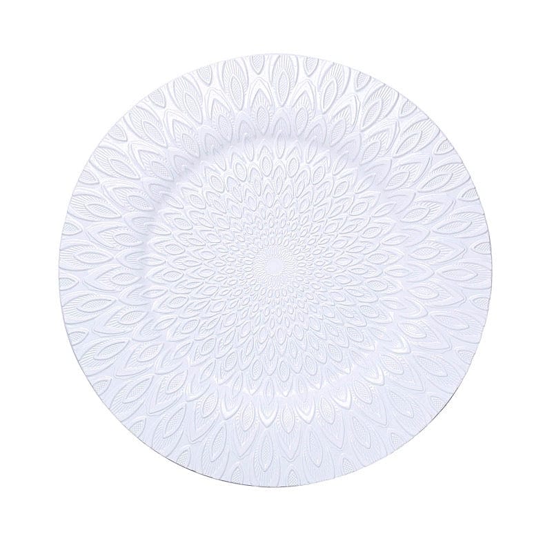 6 Plastic 13" Round Charger Plates with Embossed Peacock Pattern CHRG_PLST0018_WHT