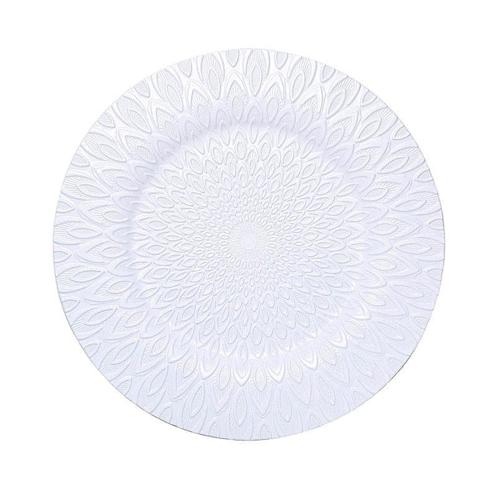 6 Plastic 13" Round Charger Plates with Embossed Peacock Pattern CHRG_PLST0018_WHT