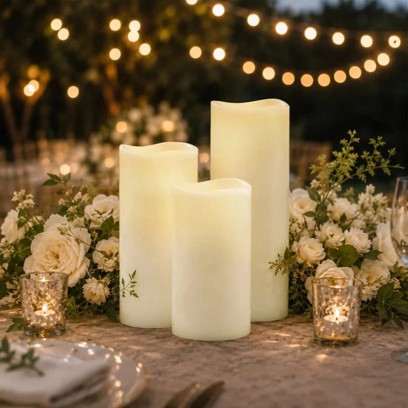 6 Real Wax 8" 10" 12" Flameless LED Pillar Candles Set with Wavy Top