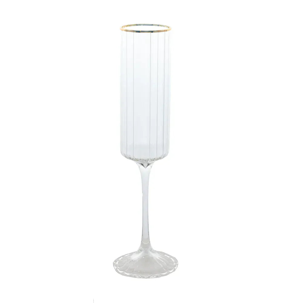 6 Ribbed Champagne Flute Glasses 7oz Gold Rim Design - Clear GLAS_CUCP007_7_CLGD