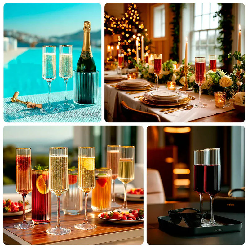 6 Ribbed Champagne Flute Glasses 7oz Gold Rim Design - Clear GLAS_CUCP007_7_CLGD