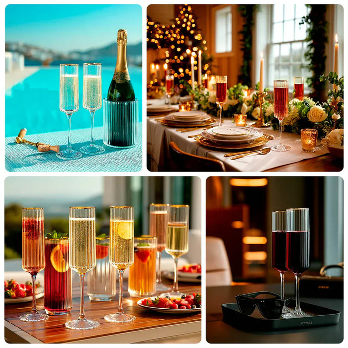 6 Ribbed Champagne Flute Glasses 7oz Gold Rim Design - Clear GLAS_CUCP007_7_CLGD