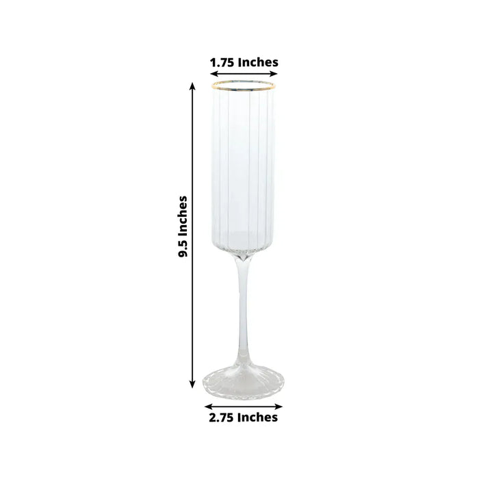 6 Ribbed Champagne Flute Glasses 7oz Gold Rim Design - Clear GLAS_CUCP007_7_CLGD