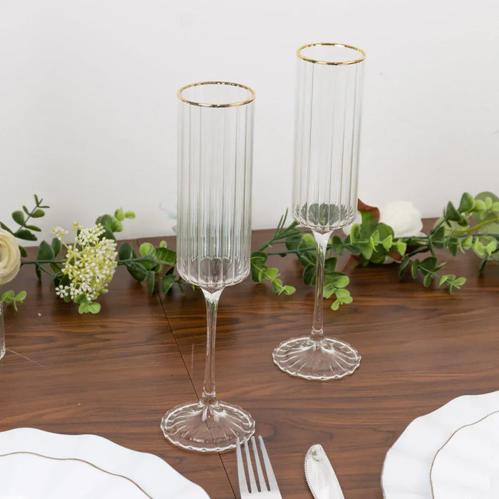 6 Ribbed Champagne Flute Glasses 7oz Gold Rim Design - Clear GLAS_CUCP007_7_CLGD