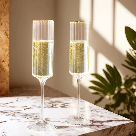 6 Ribbed Champagne Flute Glasses 7oz Gold Rim Design - Clear GLAS_CUCP007_7_CLGD