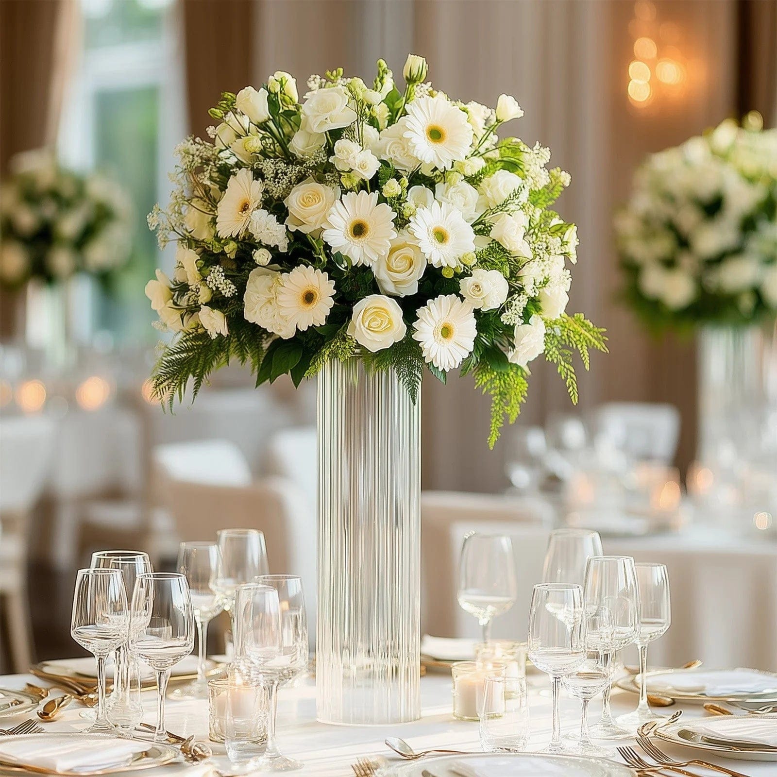 6 Ribbed Cylinder Glass Vases Wedding Centerpieces - Clear