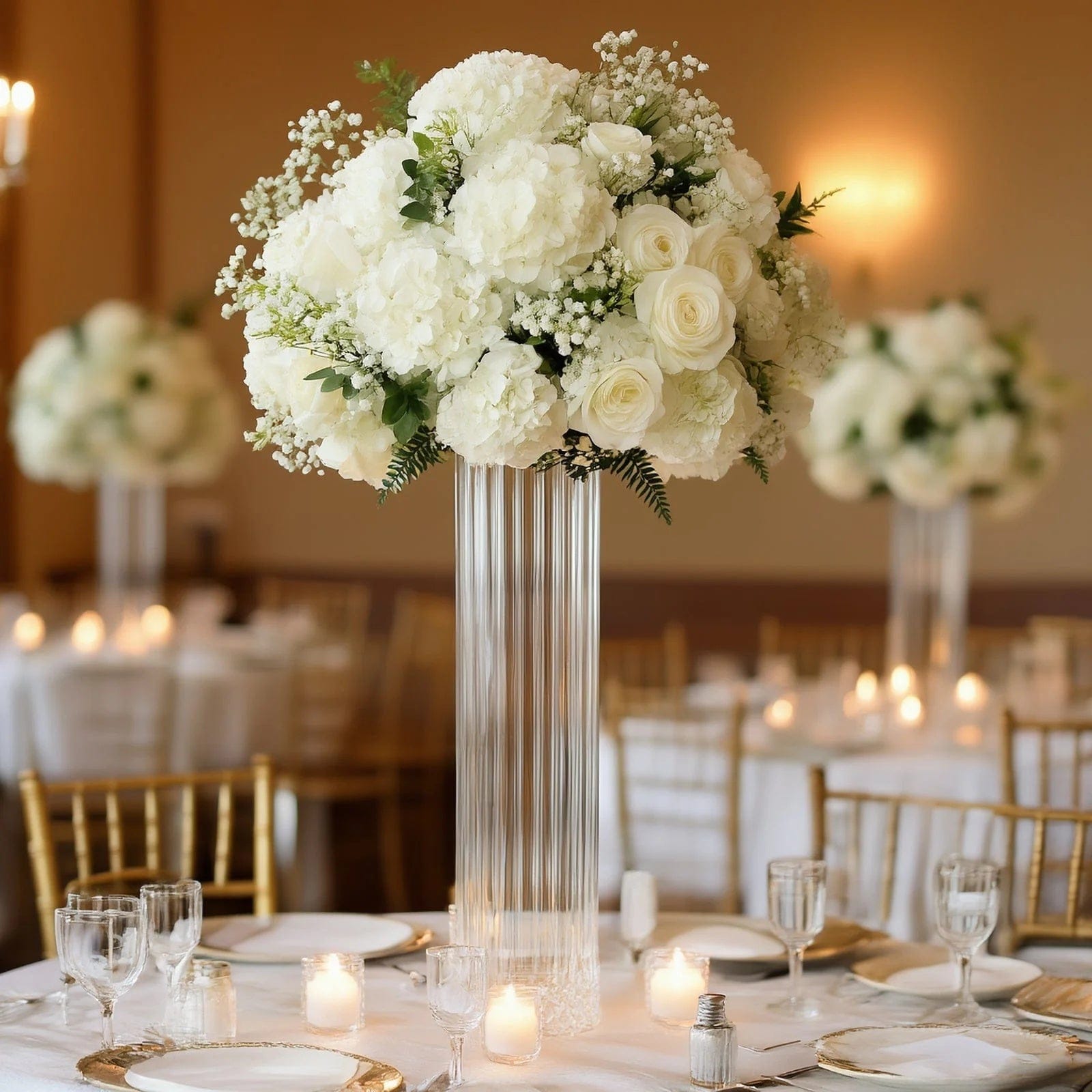 6 Ribbed Cylinder Glass Vases Wedding Centerpieces - Clear