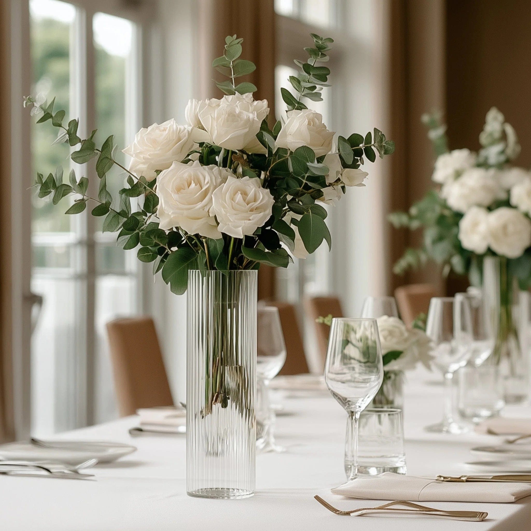 6 Ribbed Cylinder Glass Vases Wedding Centerpieces - Clear