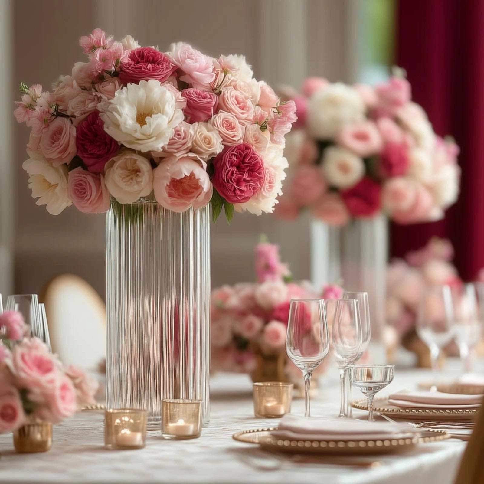 6 Ribbed Cylinder Glass Vases Wedding Centerpieces - Clear