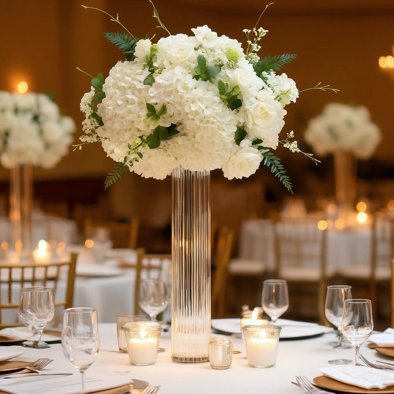 6 Ribbed Cylinder Glass Vases Wedding Centerpieces - Clear